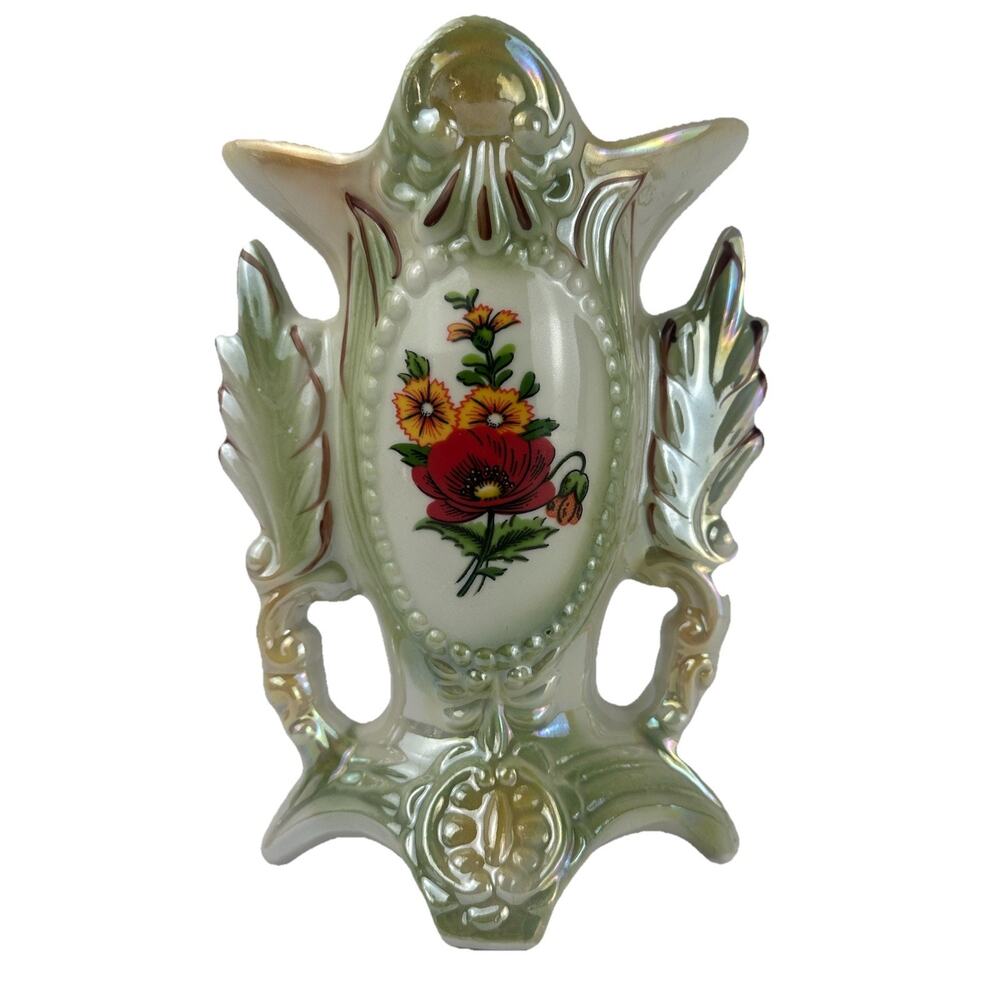 VTG Porcelain Floral Green Lusterware Vase Art Nouveau Brazil 8.5” Made In 1749